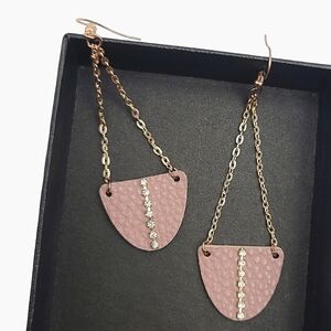 Mauve Faux Leather, Crystal, Gold Chain Dangle Hook Fashion Earrings